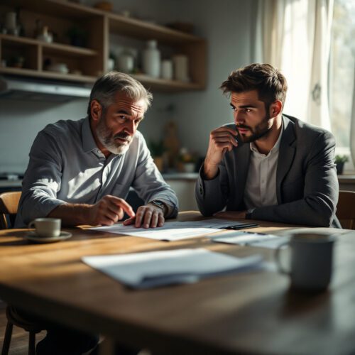 Zwei Männer bei Mietvertragsbesprechung in spärlicher Wohnung, Unsicherheit über Klausel